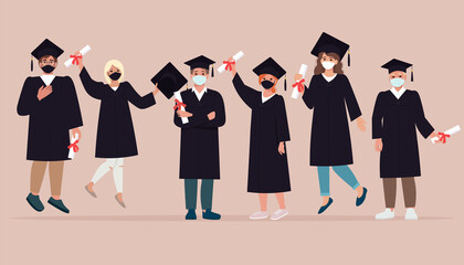 Group of happy young people, graduates in robes and protective masks in connection with the covid-19 pandemic. Social distancing during coronavirus. Vector illustration in flat style