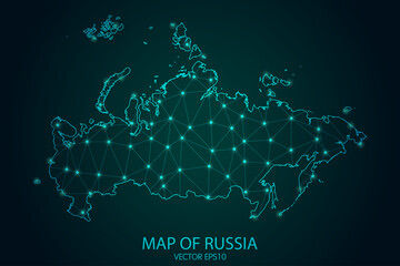 Map of Russia - With glowing point and lines scales on The dark gradient background, 3D mesh polygonal network connections. Vector illustration Eps10.