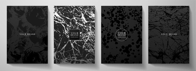 Modern black cover design set. Creative abstract art pattern with  brush stroke, marble texture, crack on background. Grunge vector collection for catalog, brochure template, magazine layout, booklet - obrazy, fototapety, plakaty