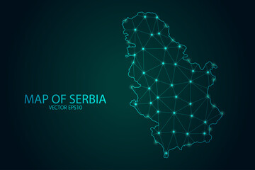 Map of Serbia - With glowing point and lines scales on the dark gradient background, 3D mesh polygonal network connections.Vector illustration eps 10.