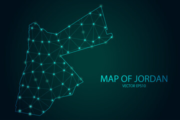 Map of Jordan - With glowing point and lines scales on The dark gradient background, 3D mesh polygonal network connections. Vector illustration eps10.