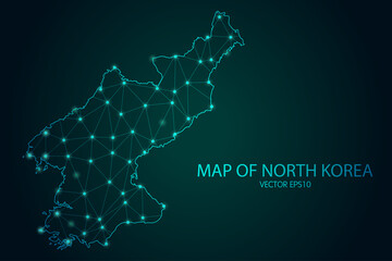 Obraz premium Map of North Korea - With glowing point and lines scales on The dark gradient background, 3D mesh polygonal network connections. Vector illustration eps10.