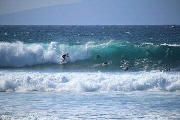 Funsport surfing in the turquoise waves at Playa de las America (Tenerife, Spain)