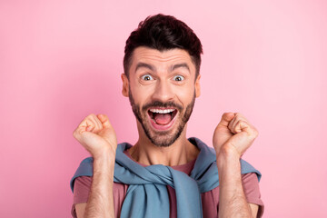 Photo of young handsome attractive positive good mood man with sweater on shoulders isolated on pink color background