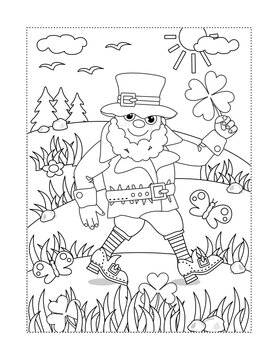 St Patrick's Day coloring page activity with happy leprechaun found lucky quatrefoil
