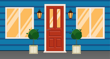 Facade of house, white wall with red door. Front red door house, office or store. Vector illustration in flat style. Exterior entrance door