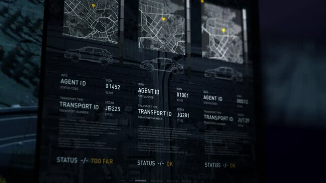 Computer screen close-up. Information on all the secret agent whereabouts and their statuses. Checking their vehicle locations. Drone footage of a road interchange. Spying software. User interface.