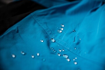 Hydrophobic effect on blue waterproof fabric on mountain trousers