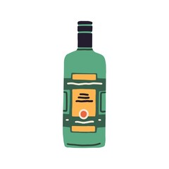 Glass bottle of becherovka with label. Traditional Czech alcoholic beverage. Colored flat vector illustration isolated on white background