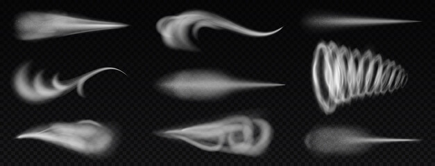 Realistic wind trails. Dust spray and smoky stream and wind blowing trails, smoky stream. Flow curved shapes vector illustration set. Air fog or blast isolated collection, flying smoke © WinWin