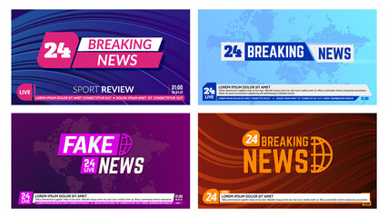 TV news banners. Breaking news banner headline, global news report backdrops. Television news broadcasting banners vector illustration set. Title on world map with bottom bar, message line