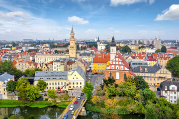 Opole, Poland. Aerial cityscape of old town with tower of Town hall and church of Franciscan convent
