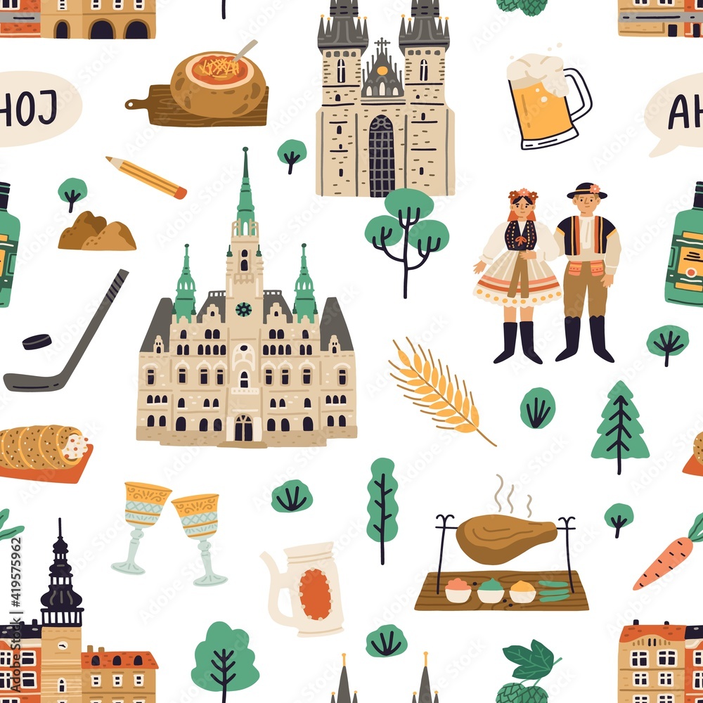 Poster seamless pattern with national symbols of czech republic. endless repeatable background with prague 