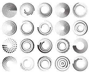 Circle dotted speed lines. Abstract round halftone circle frames, rotating dotted circle shapes. Halftone round elements vector illustration set. Geometric art, radial border for logo