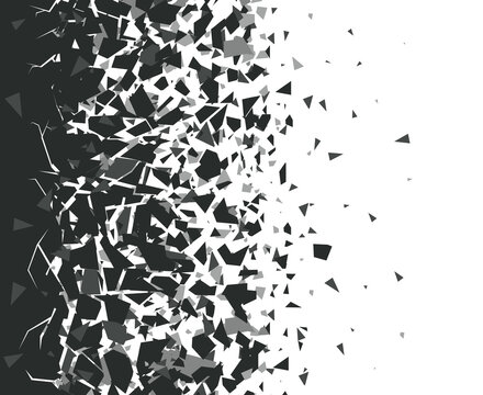 Abstract shatter background. Exploded black pieces scatter, shattered triangles destruction pattern. Broken particles vector background illustration set. Black destroyed fragments design