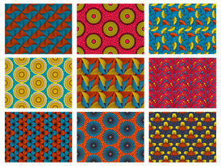 African wax pattern. Abstract floral seamless ornament, vintage decorative african textile vector background illustration set. Fashion wax fabric texture. Tribal floral motifs fashion style