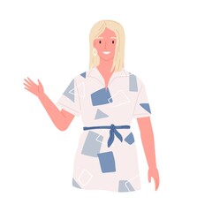 Portrait of smiling young woman saying hello, greeting and welcoming smb. Happy female character gesturing hi or bye. Colored flat vector illustration isolated on white background