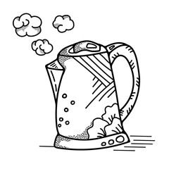 Doodle illustration hand drawn electronic kettle. Vector design of kitchen utensils for making tea. Concept for icon, logo, banner, web. Black outline.