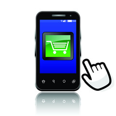 Smartphone with e-commerce opening application. Vector icon