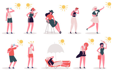 People in hot weather. Male and female characters suffer from heat, summer extreme hot weather. Seasonal summertime heat vector illustration set. Sunbathing under umbrella, looking at thermometer