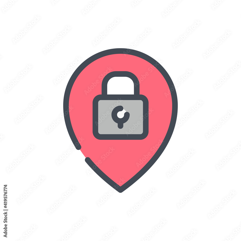 Poster safe place and closed establishment color line icon. location pointer with lock vector outline color