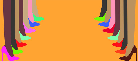 vector with female legs in shoes. flat image of female feet with different skin colors in high-heeled shoes