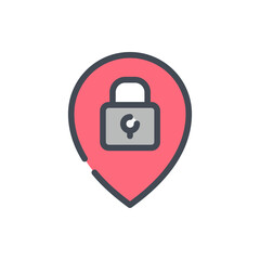 Safe place and closed establishment color line icon. Location pointer with lock vector outline colorful sign.