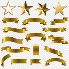 Golden Ribbons And Stars Set Transparent With Gradient Mesh, Vector Illustration