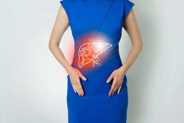 Photo template of unrecognizable woman representing graphic visualisation of liver organ...