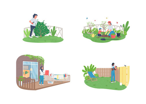 Spring garden maintenance flat color vector faceless character set. Paint fence. Trim bush. Seasonal outdoor work isolated cartoon illustration for web graphic design and animation collection