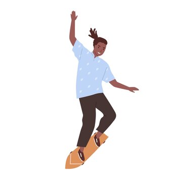 Afro-American skateboarder performing trick on skateboard. Young skater standing on long board. Trendy outdoor activity. Colored flat cartoon vector illustration isolated on white background