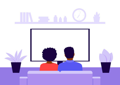 Family Young Black Couple Man And Woman Sitting On Sofa At Home And Watching TV, News, Back View. Living Room Interior. Rest, Recreation, Spending Time On Isolation And Quarantine. Vector Illustration