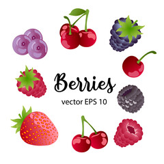 Berries strawberry, raspberry, blueberry, blackberry, cherry. Perfect for cards, party invitations, posters, stickers, clothing. Food concept. Set berries
