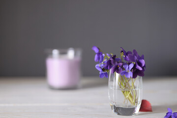 Small violet bouquet in a little glass. Nobody
