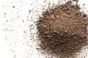 Rich loam on a completely white background, isolated soil.