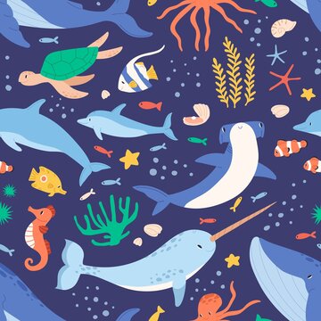 Seamless pattern with sea and ocean animals on blue background. Underwater fauna with narwhal, turtle and dolphin. Endless repeatable design for printing. Colored flat cartoon vector illustration