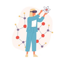 Futuristic scientist in VR headset creating models and structures in virtual reality. Chemistry education in AR. Colored flat vector illustration of scientific research in cyberspace isolated on white