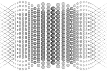 3D abstract wavy symmetrical pattern consisting of drop like glass translucent balls radiating in horizontal waves from center to edges, shrinking like legs of spider or octopus. Isolated on white.