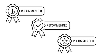 1st, check tick mark and star recommended outline vector icons. Rosette result award medal sign. Win prize and place service symbol