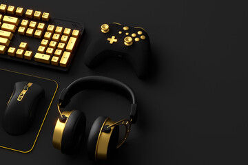 Top view of gamer workspace and gear like mouse, keyboard, joystick, headset