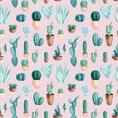 Watercolor green cacti and succulents. House Plants in pot. Seamless pattern