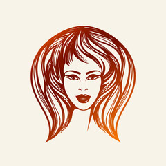 Hair salon, beauty studio logo.Afro, wavy hairstyle woman.Elegant makeup.Front view portrait.Hairdresser icon.Luxury, spa style.Young lady face isolated on light background.Eyelashes and lipstick.