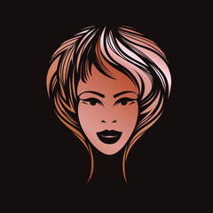 Hair salon, beauty studio logo.Afro, wavy hairstyle woman.Elegant makeup.Front view portrait.Hairdresser icon.Luxury, spa style.Young lady face isolated on dark background.Modern haircut.