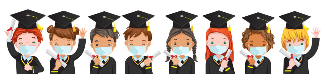 Child mask group. Graduate internationa children. Graduation ceremony for kids. During the COVID-19 epidemic. Concept of new normal and social distance. Prevent the coronavirus. Caring for children.