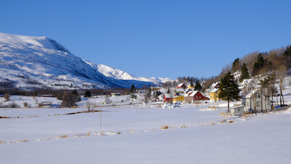 Fototapeta na wymiar Villages and mountains in Winter, Lofoten Islands, North Norway