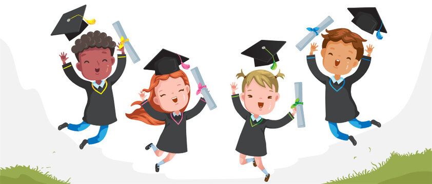 Graduation Children jumping. 
Graduate group. Gestures very happy. Cheers! Success. Concept illustration of Diploma graduating little for kid. Successful Strong, growing and intelligent.