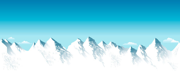 Mountain peaks covered with snow. Snowy high mountains. Rocky Mountains. Blue sky. Mountain snowy landscape. Highlands 