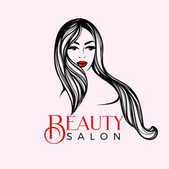 Hair salon, beauty studio logo.Long, wavy hairstyle woman.Elegant makeup.Pretty female portrait.Hairdresser icon.Luxury, spa style.Young lady face isolated on light background.Red lipstick.