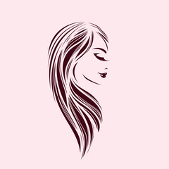 Hair salon, beauty studio logo.Long, wavy hairstyle woman.Elegant makeup.Profile view portrait.Hairdresser icon.Luxury, spa style.Young lady face isolated on light background.Eyelashes and lipstick.