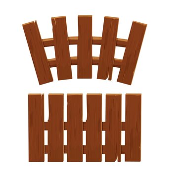 Funny wooden fence in brown colours, set isolated on white background stock vector illustration. Wood texture, detailed objects in cartoon style, border, decoration. Outdoor, rural element.